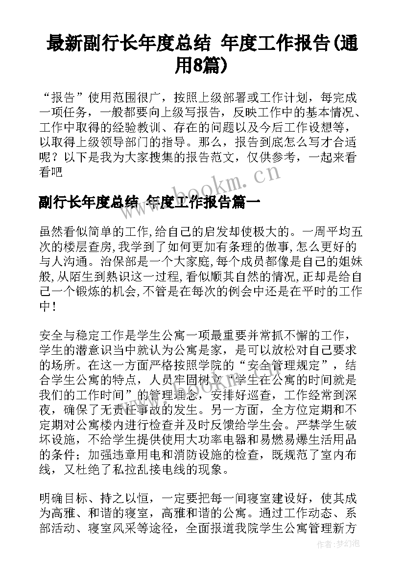 最新副行长年度总结 年度工作报告(通用8篇)