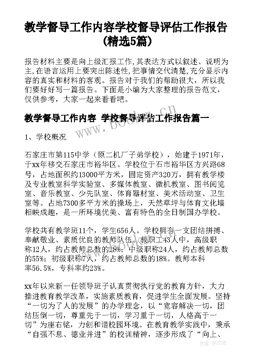 教学督导工作内容 学校督导评估工作报告(精选5篇)