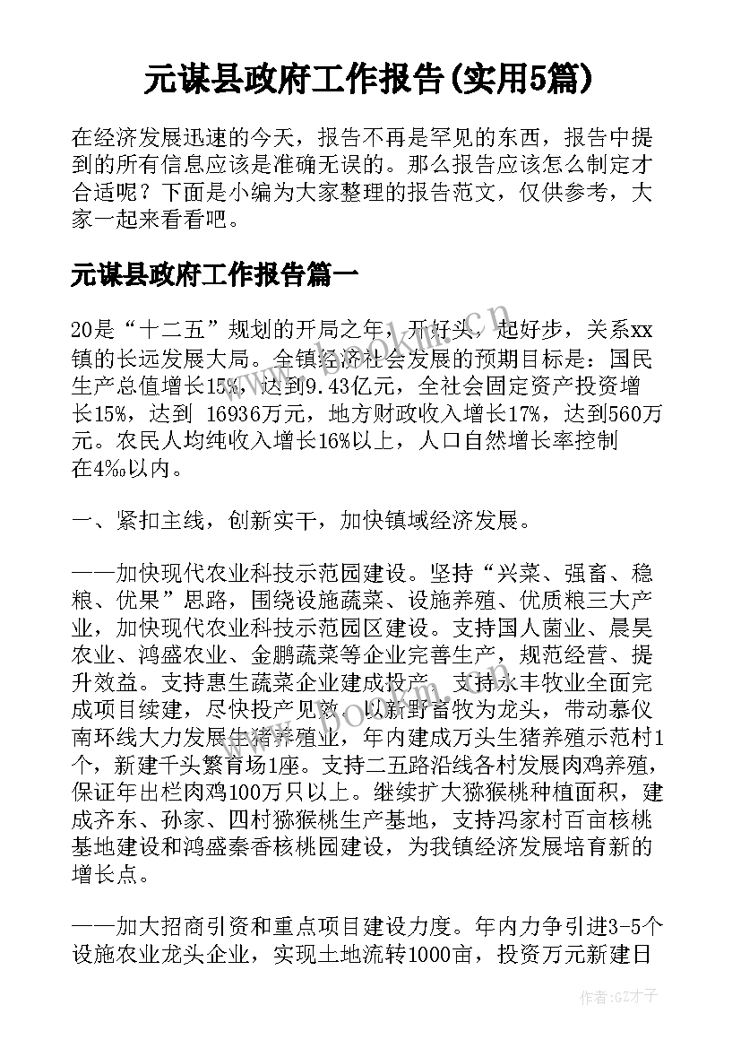 元谋县政府工作报告(实用5篇)