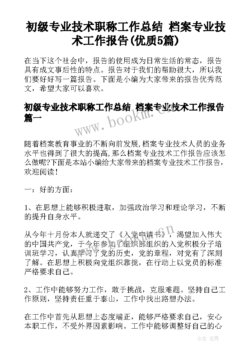 初级专业技术职称工作总结 档案专业技术工作报告(优质5篇)