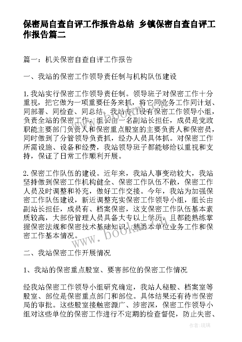 最新保密局自查自评工作报告总结 乡镇保密自查自评工作报告(模板5篇)