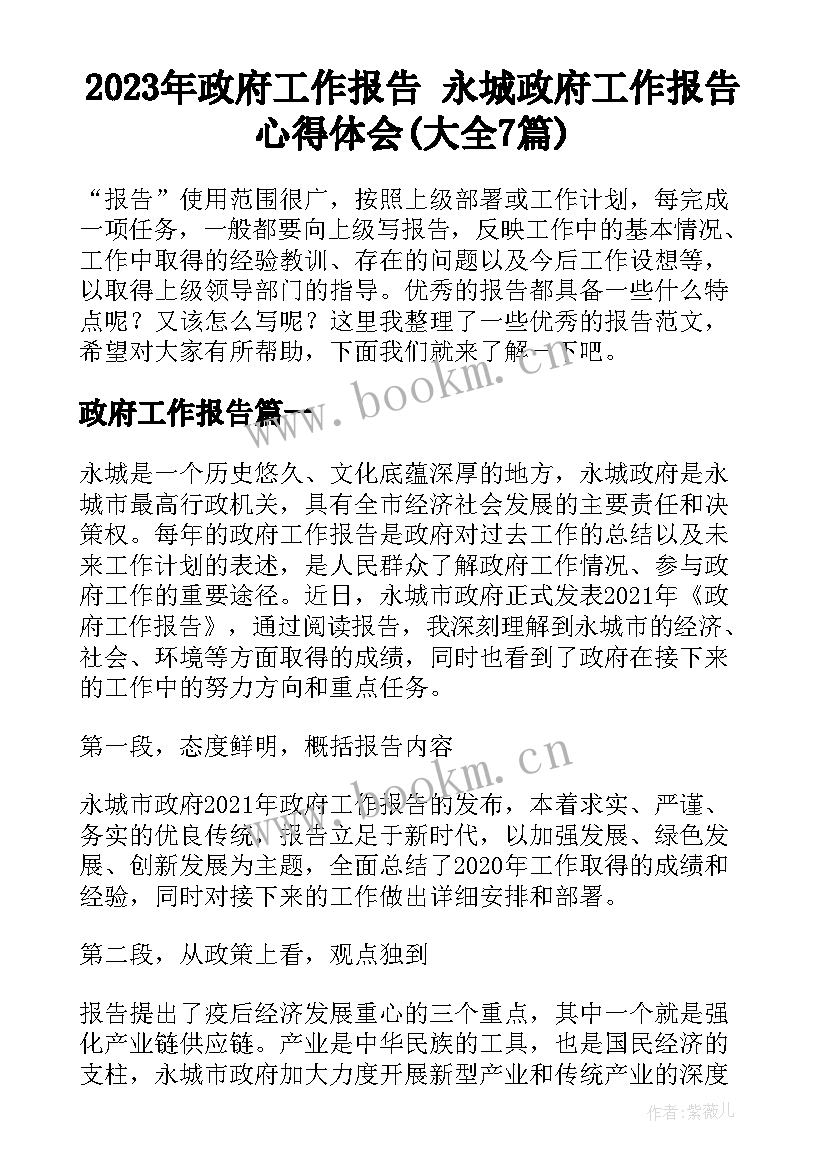 2023年政府工作报告 永城政府工作报告心得体会(大全7篇)