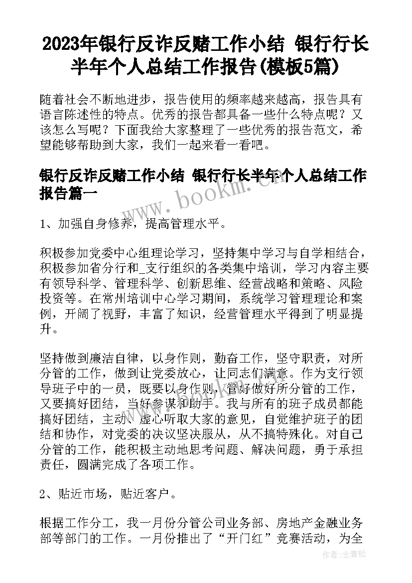 2023年银行反诈反赌工作小结 银行行长半年个人总结工作报告(模板5篇)