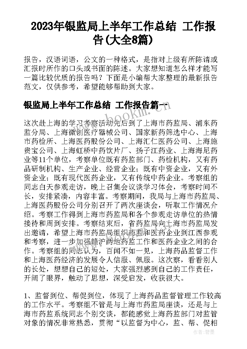 2023年银监局上半年工作总结 工作报告(大全8篇)