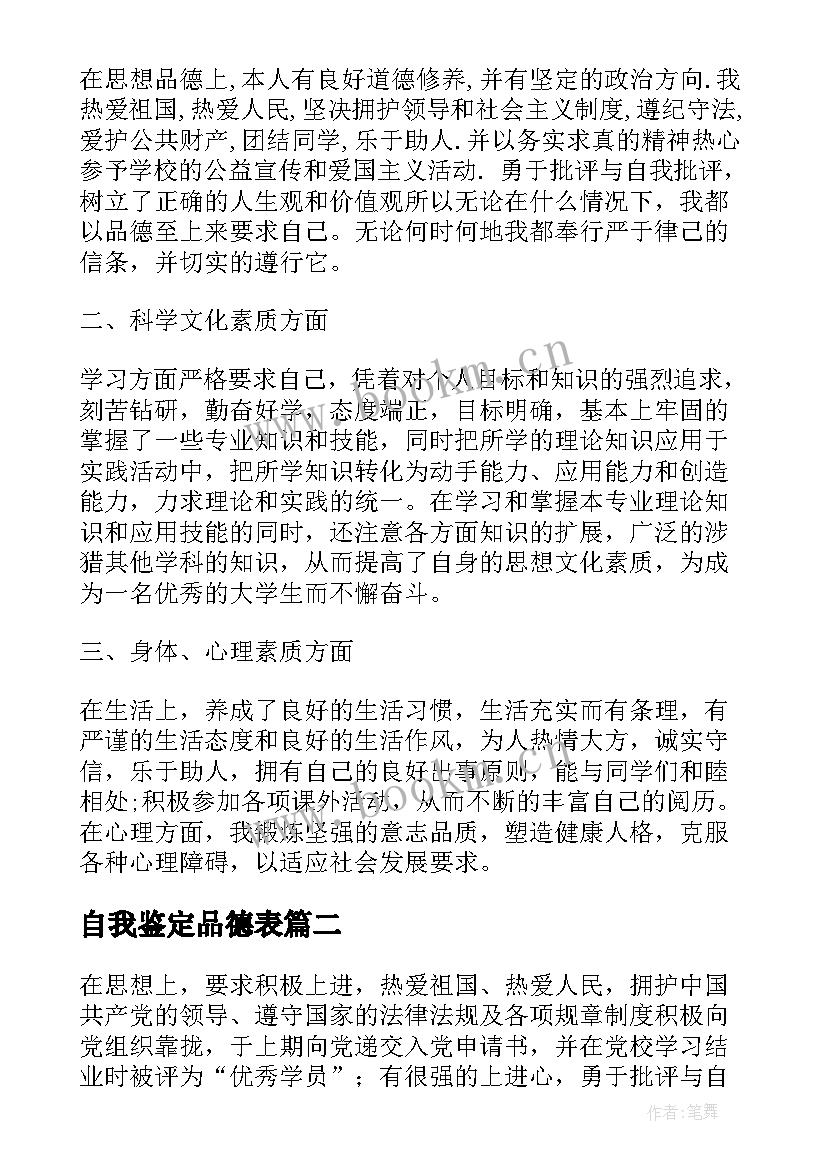 自我鉴定品德表(大全6篇)