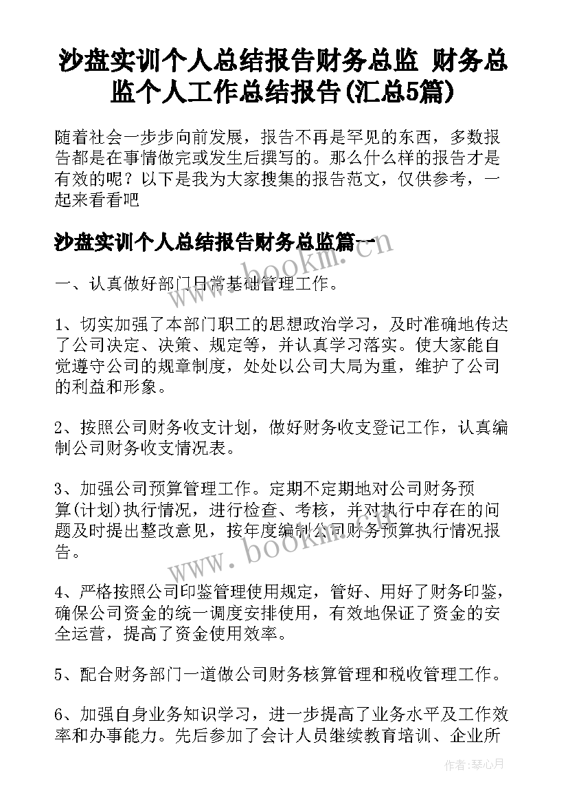 沙盘实训个人总结报告财务总监 财务总监个人工作总结报告(汇总5篇)