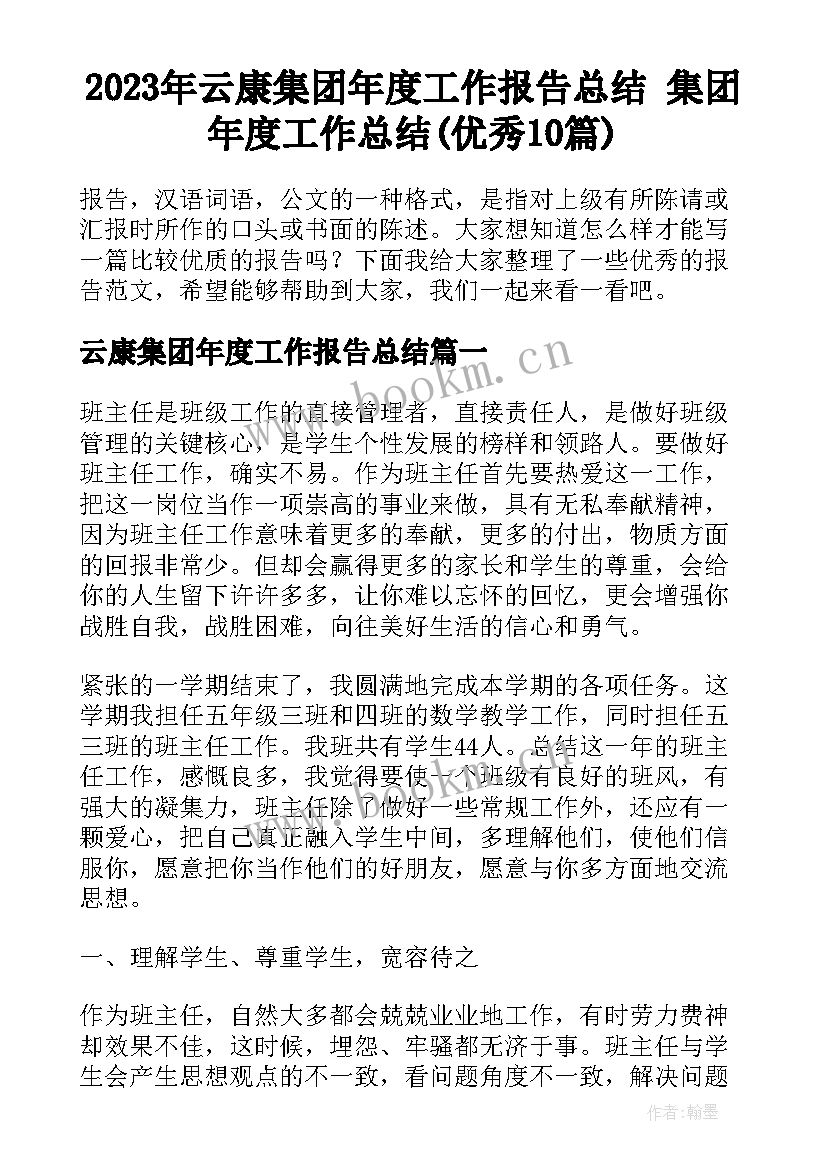 2023年云康集团年度工作报告总结 集团年度工作总结(优秀10篇)