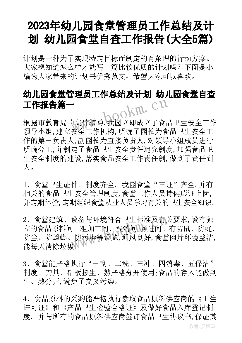 2023年幼儿园食堂管理员工作总结及计划 幼儿园食堂自查工作报告(大全5篇)