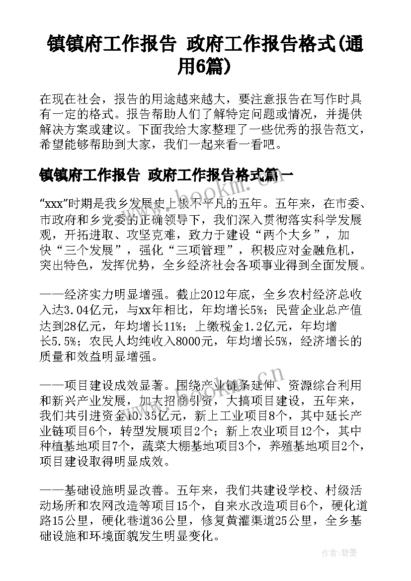 镇镇府工作报告 政府工作报告格式(通用6篇)