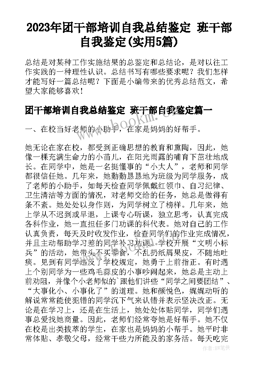 2023年团干部培训自我总结鉴定 班干部自我鉴定(实用5篇)