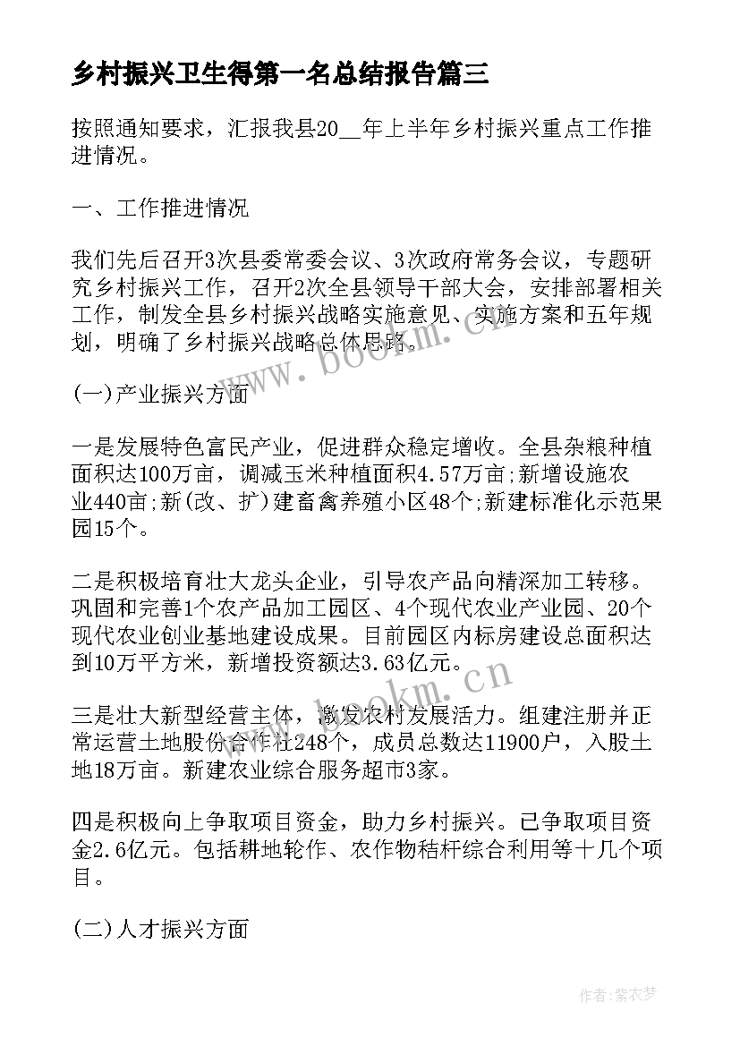 最新乡村振兴卫生得第一名总结报告 乡村振兴工作总结报告(通用9篇)