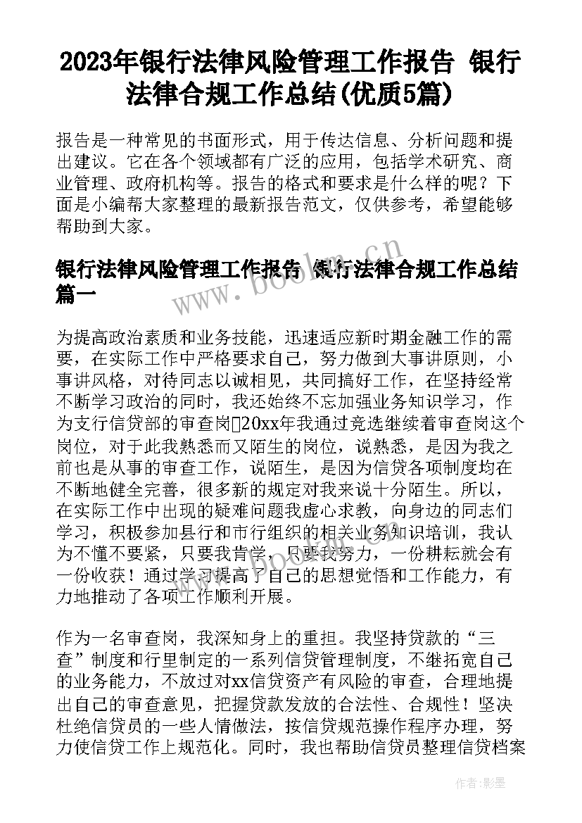 2023年银行法律风险管理工作报告 银行法律合规工作总结(优质5篇)