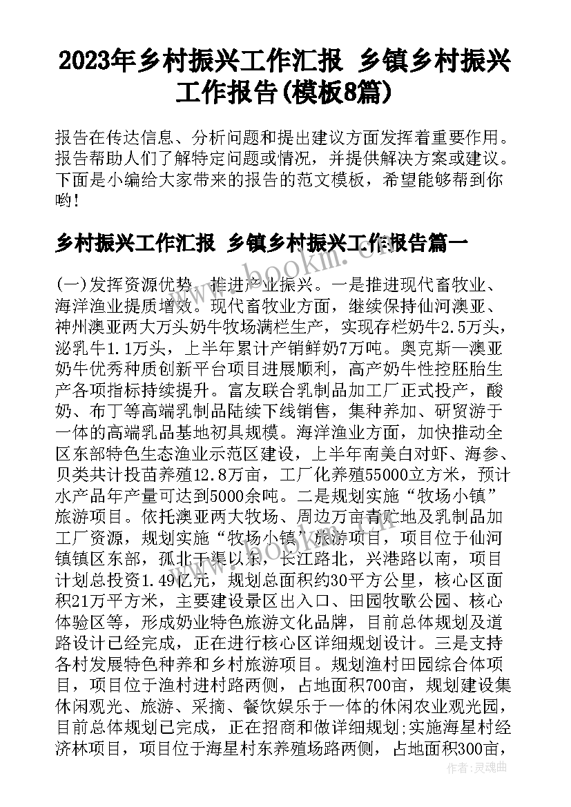 2023年乡村振兴工作汇报 乡镇乡村振兴工作报告(模板8篇)