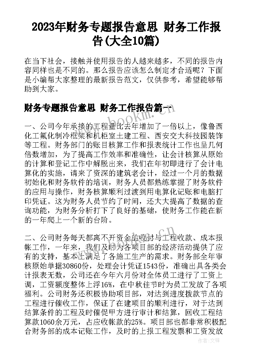 2023年财务专题报告意思 财务工作报告(大全10篇)