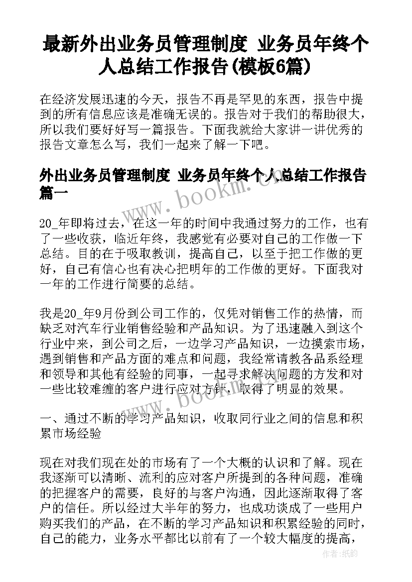 最新外出业务员管理制度 业务员年终个人总结工作报告(模板6篇)