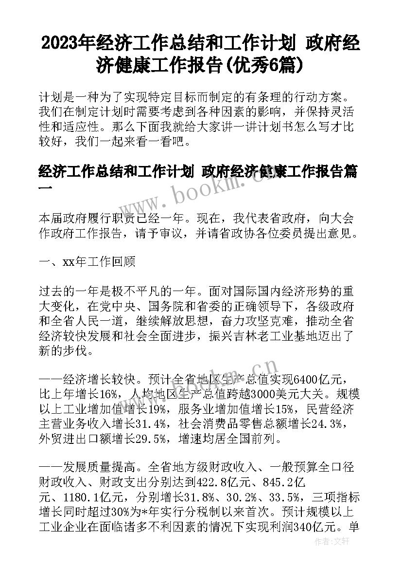 2023年经济工作总结和工作计划 政府经济健康工作报告(优秀6篇)