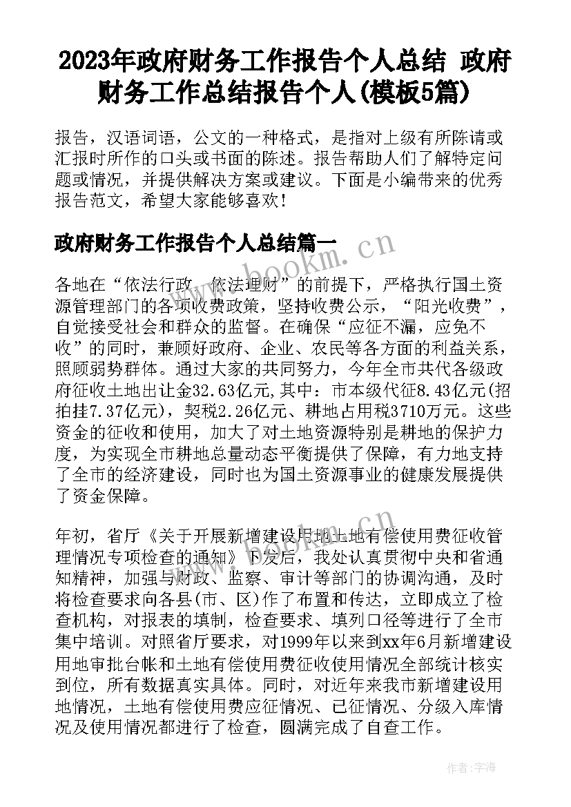 2023年政府财务工作报告个人总结 政府财务工作总结报告个人(模板5篇)