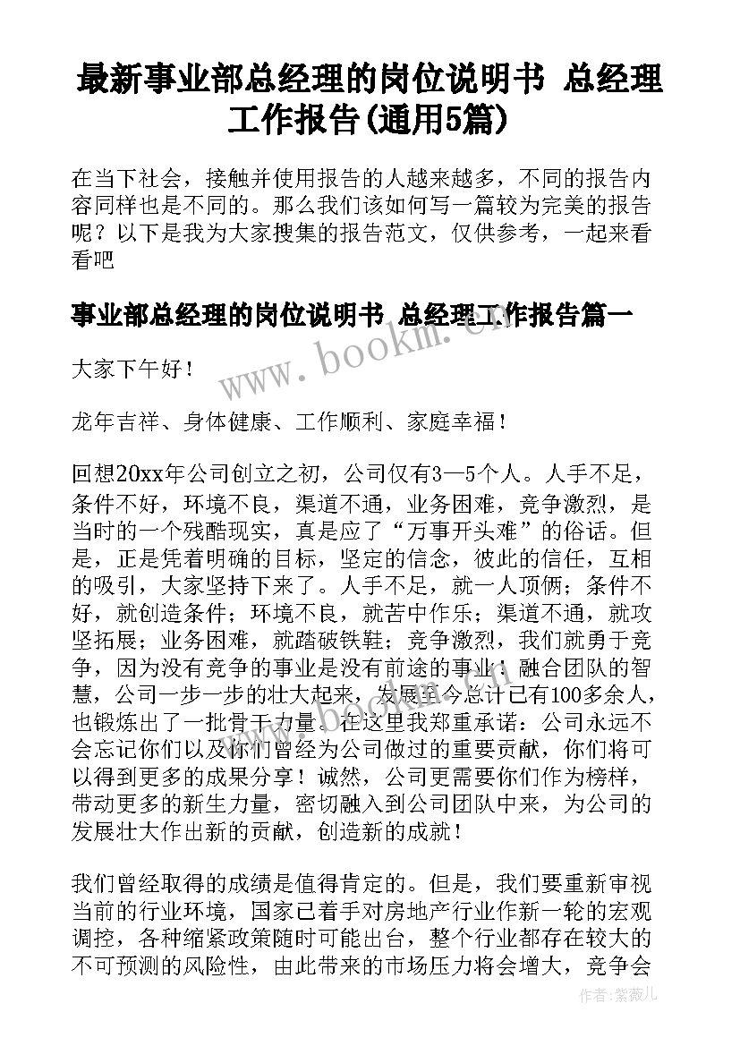 最新事业部总经理的岗位说明书 总经理工作报告(通用5篇)