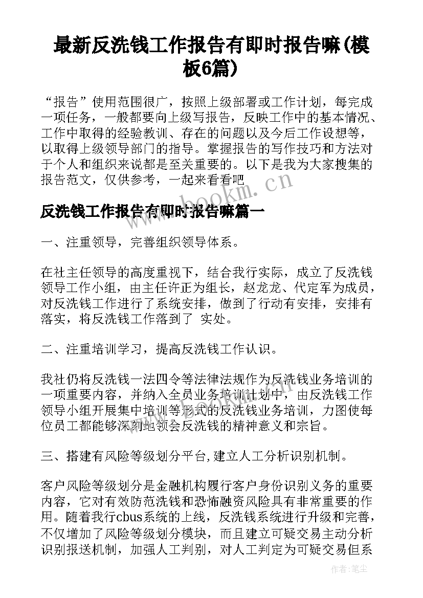 最新反洗钱工作报告有即时报告嘛(模板6篇)