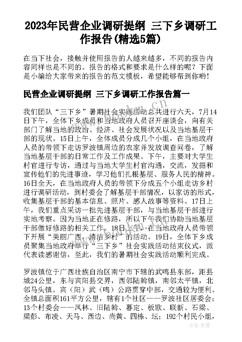 2023年民营企业调研提纲 三下乡调研工作报告(精选5篇)