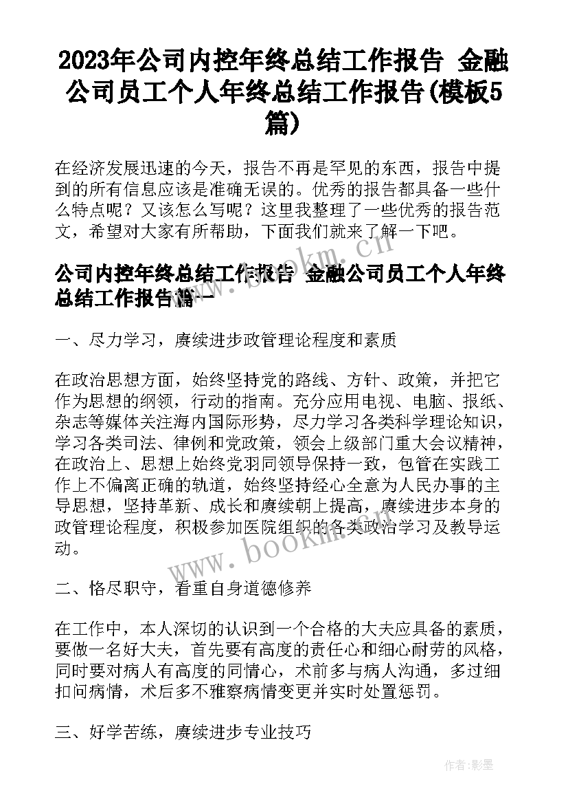 2023年公司内控年终总结工作报告 金融公司员工个人年终总结工作报告(模板5篇)