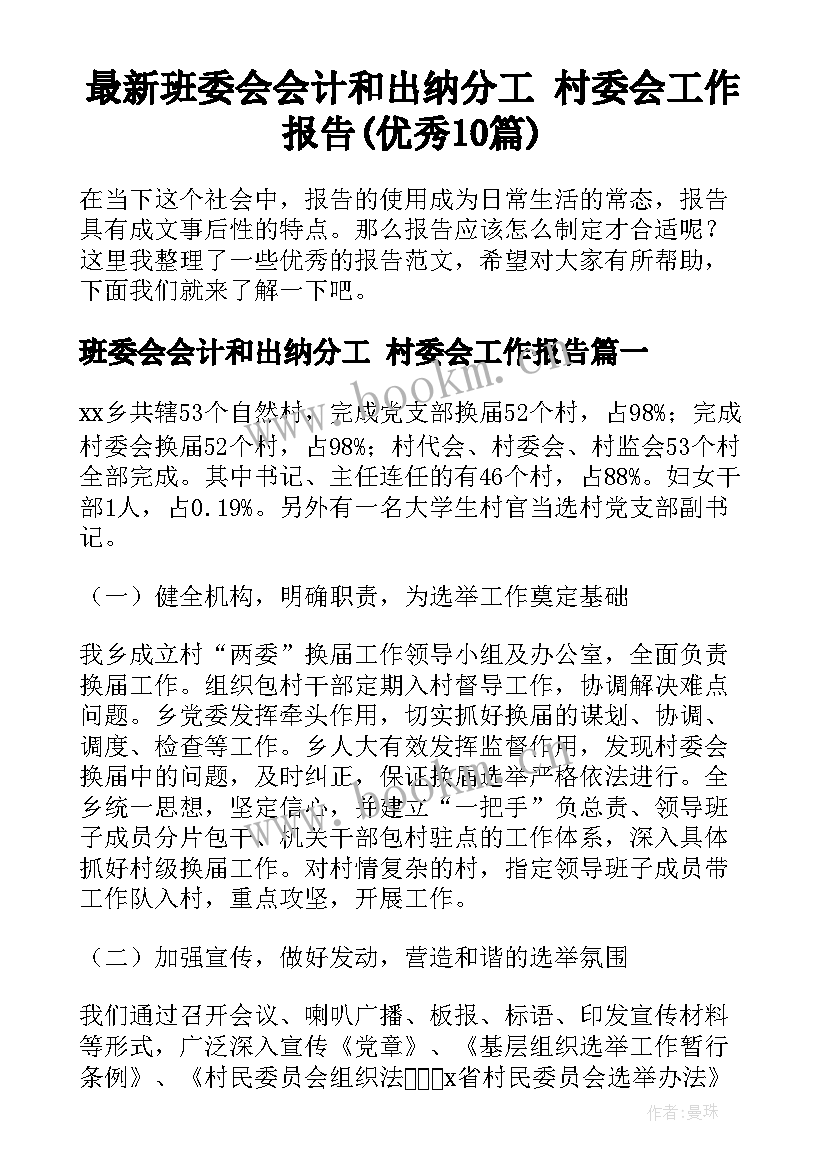 最新班委会会计和出纳分工 村委会工作报告(优秀10篇)