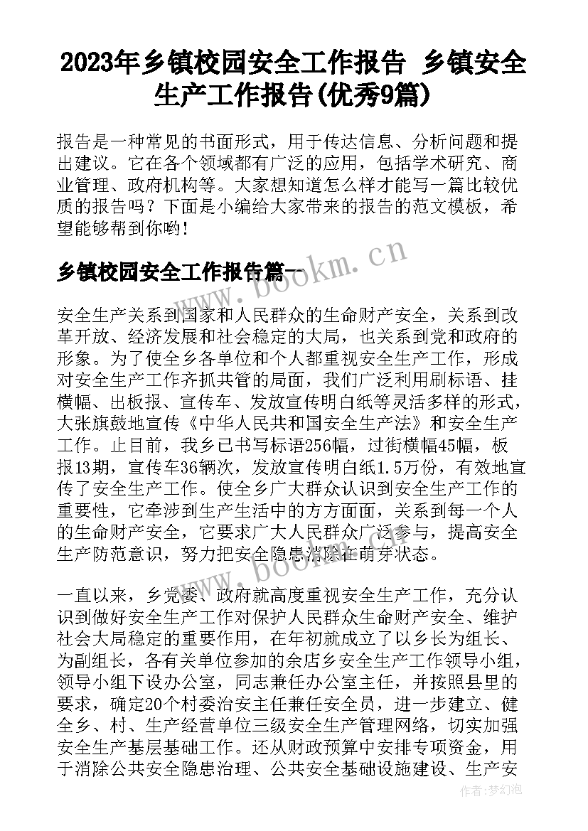 2023年乡镇校园安全工作报告 乡镇安全生产工作报告(优秀9篇)