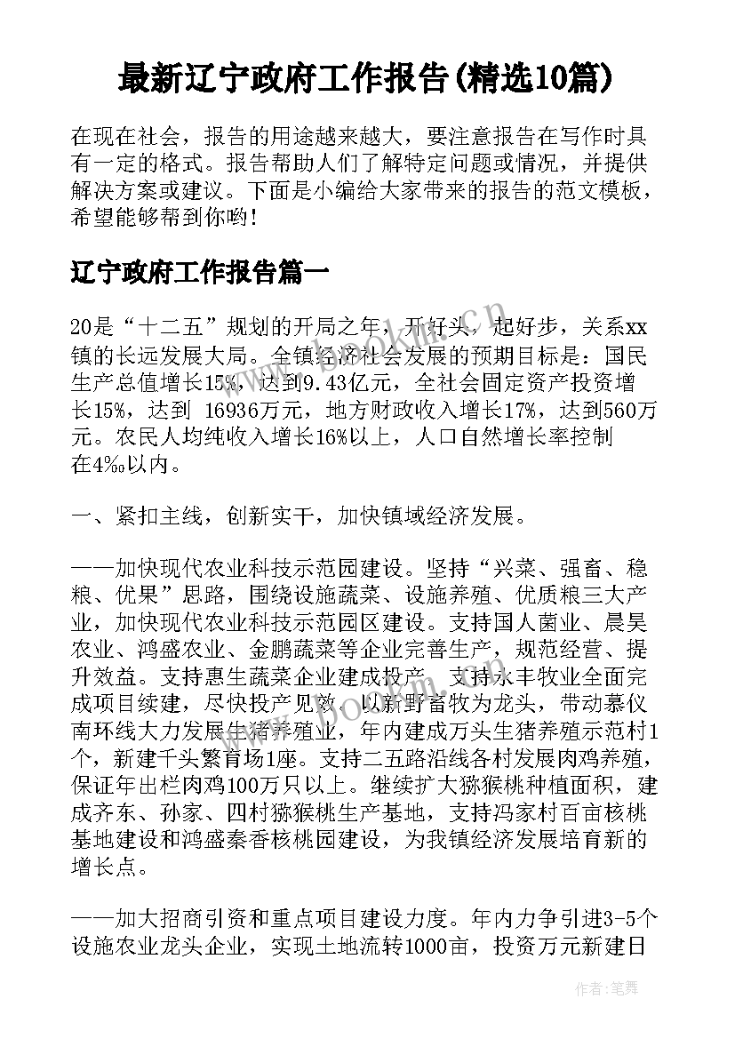 最新辽宁政府工作报告(精选10篇)