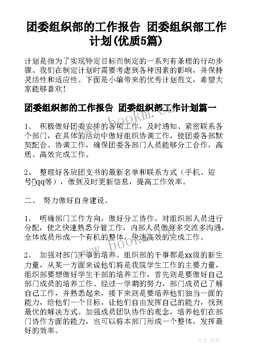 团委组织部的工作报告 团委组织部工作计划(优质5篇)