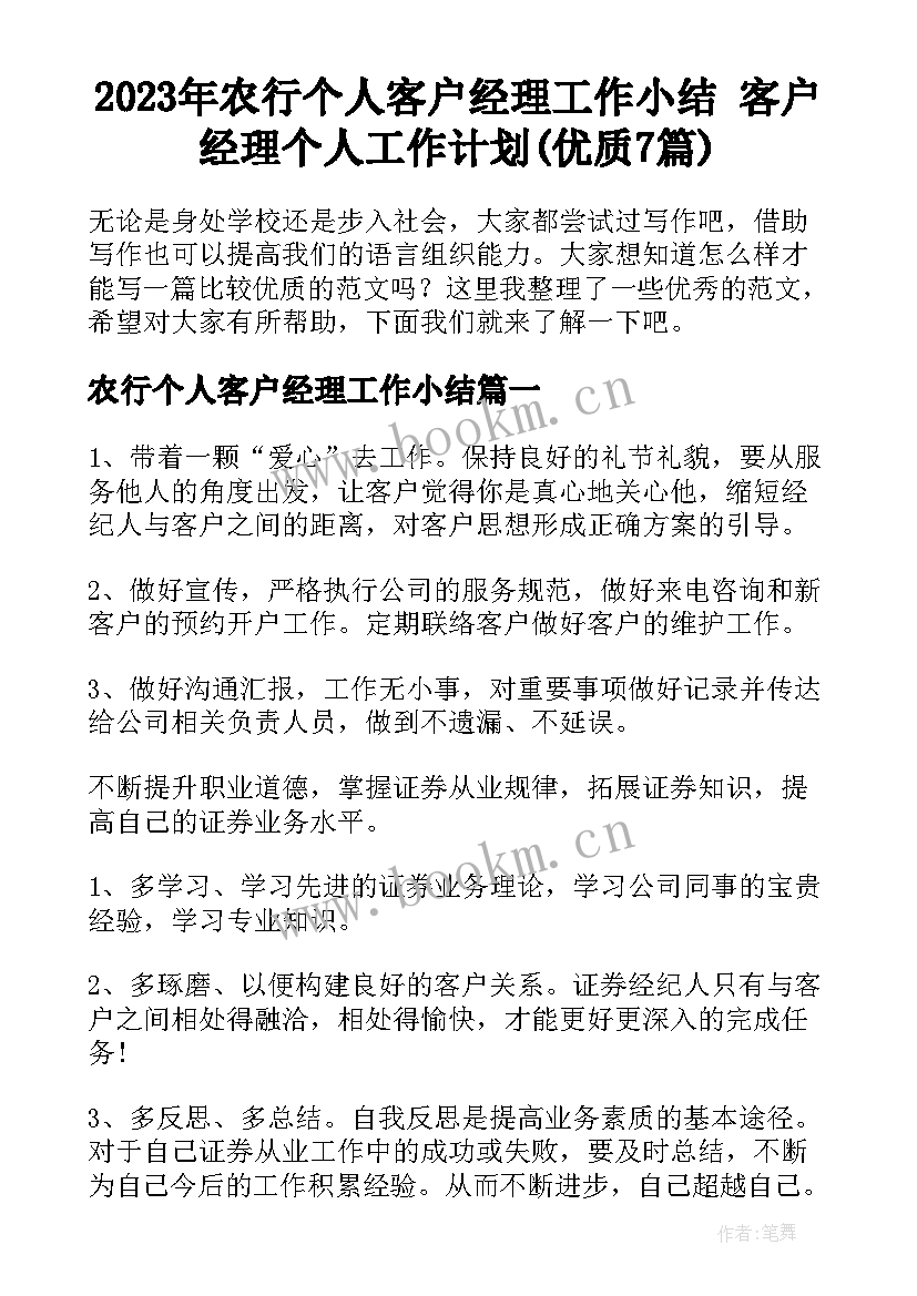 2023年农行个人客户经理工作小结 客户经理个人工作计划(优质7篇)