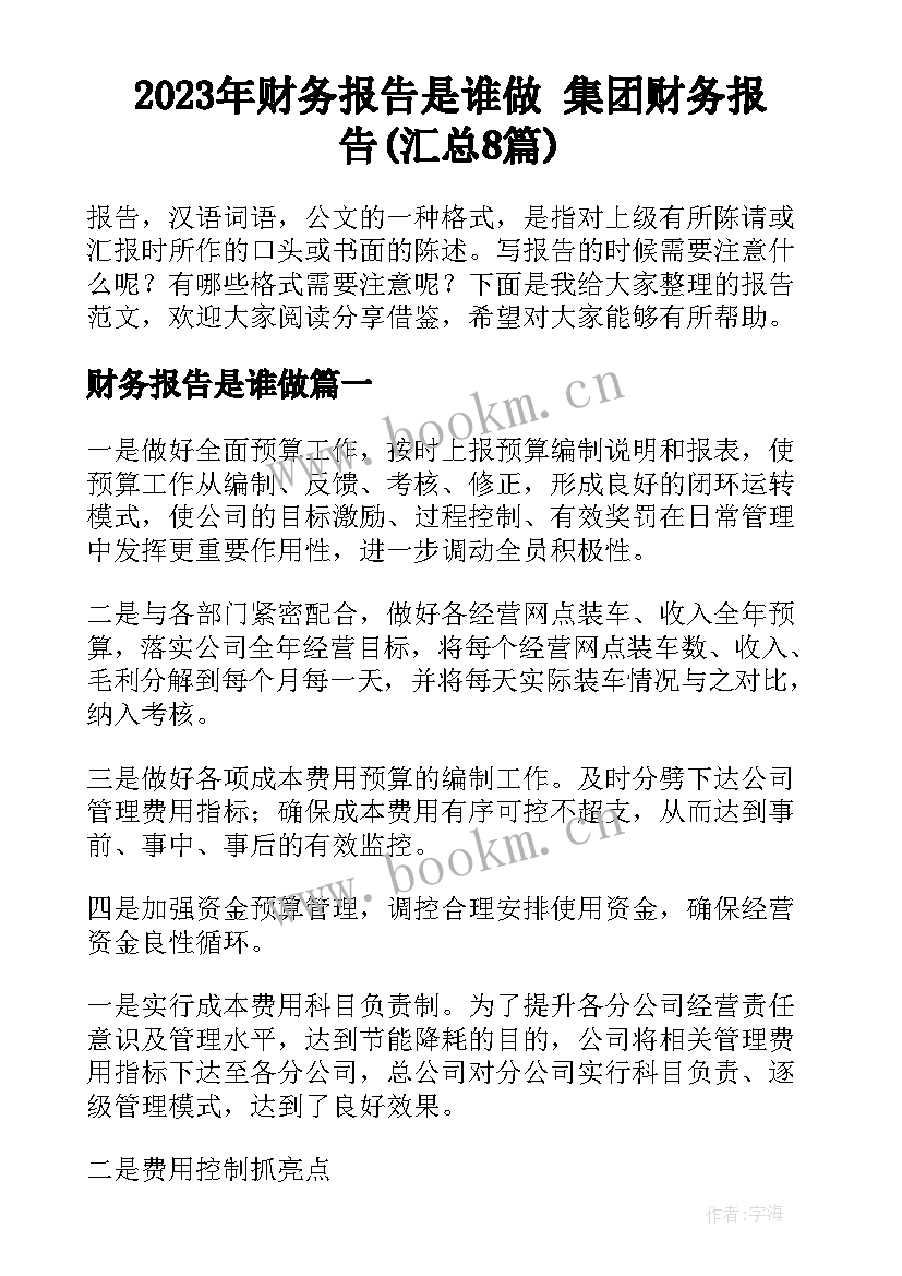 2023年财务报告是谁做 集团财务报告(汇总8篇)