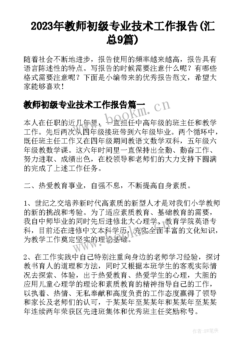 2023年教师初级专业技术工作报告(汇总9篇)