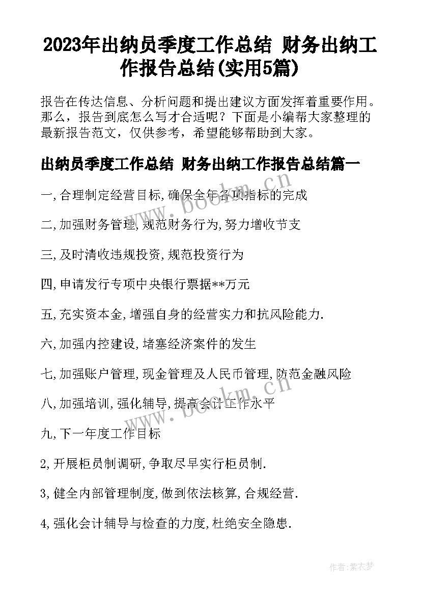 2023年出纳员季度工作总结 财务出纳工作报告总结(实用5篇)