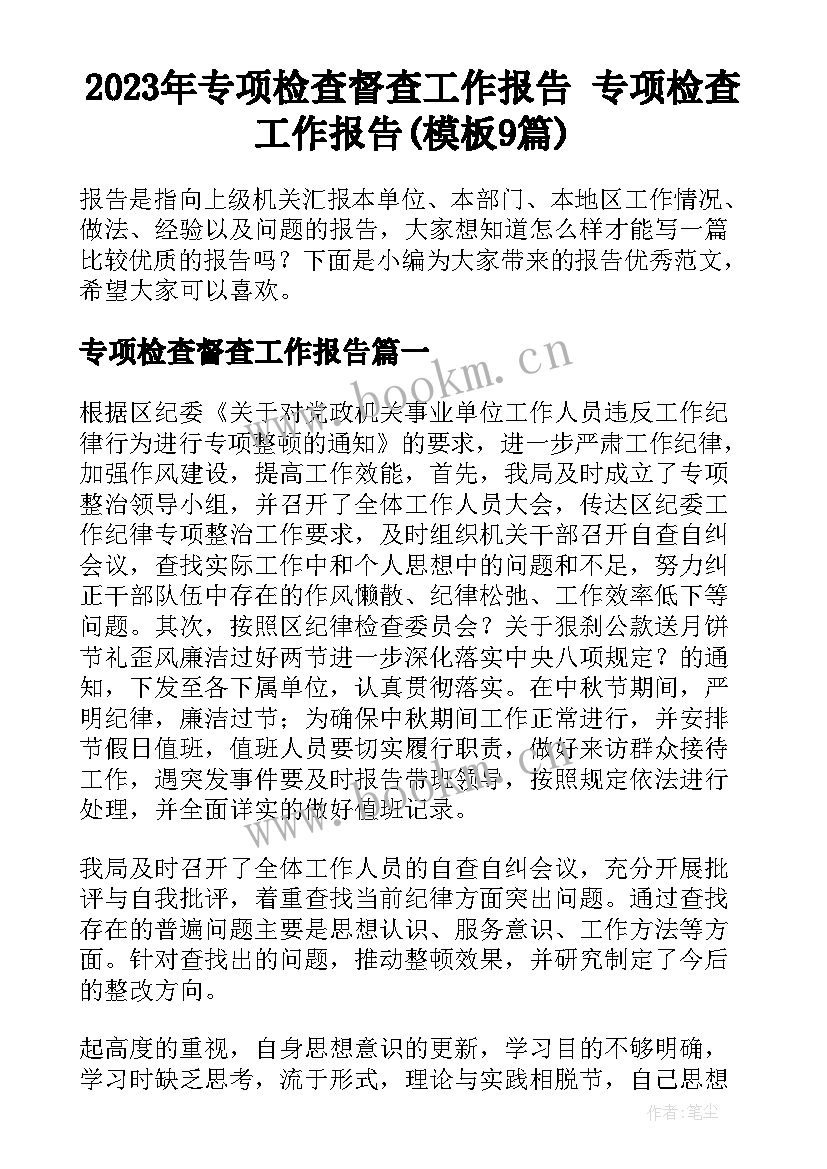 2023年专项检查督查工作报告 专项检查工作报告(模板9篇)