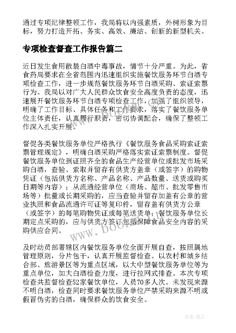 2023年专项检查督查工作报告 专项检查工作报告(模板9篇)