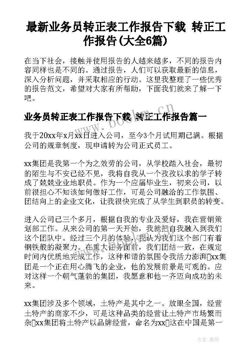 最新业务员转正表工作报告下载 转正工作报告(大全6篇)