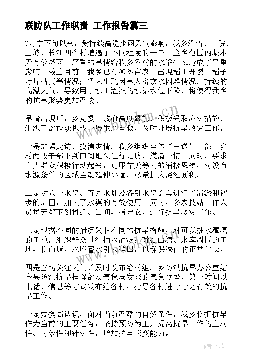 最新联防队工作职责 工作报告(模板10篇)