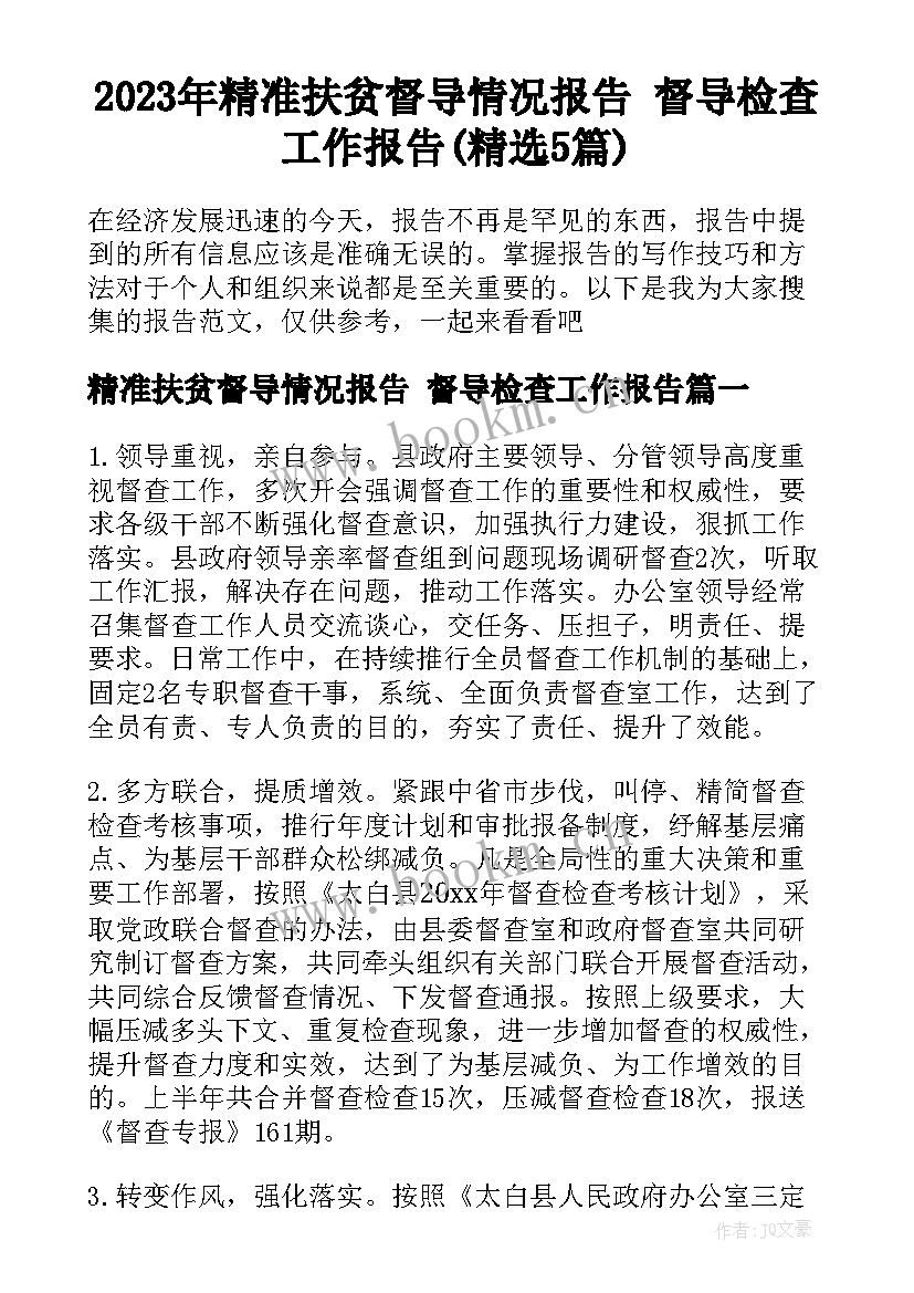 2023年精准扶贫督导情况报告 督导检查工作报告(精选5篇)