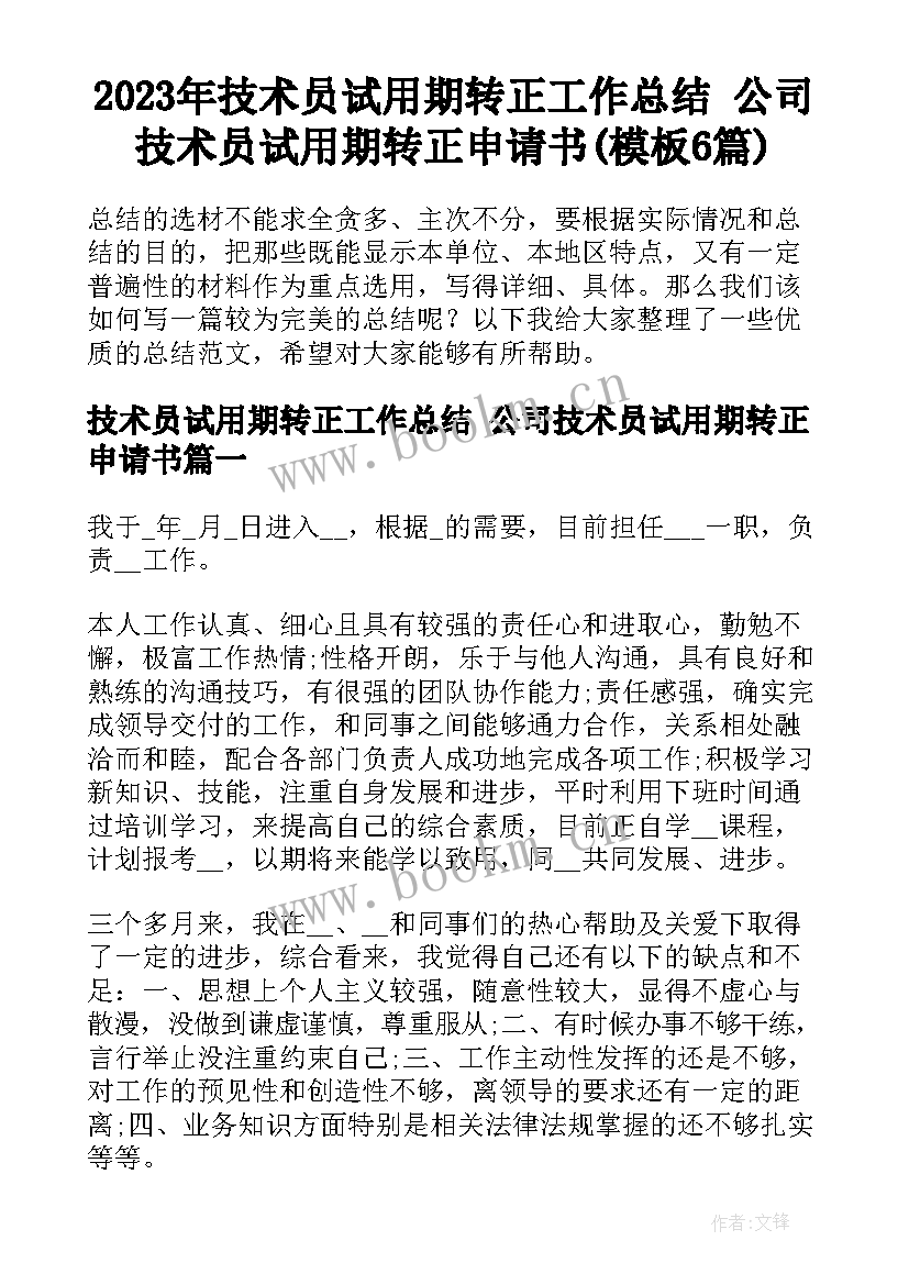 2023年技术员试用期转正工作总结 公司技术员试用期转正申请书(模板6篇)