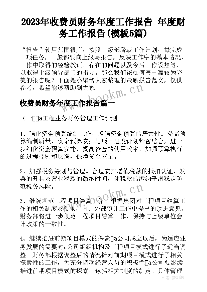 2023年收费员财务年度工作报告 年度财务工作报告(模板5篇)