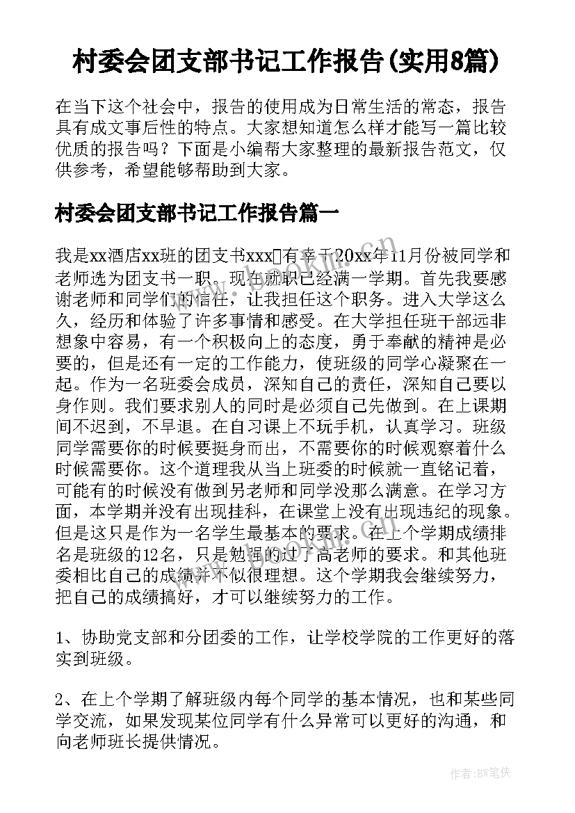 村委会团支部书记工作报告(实用8篇)