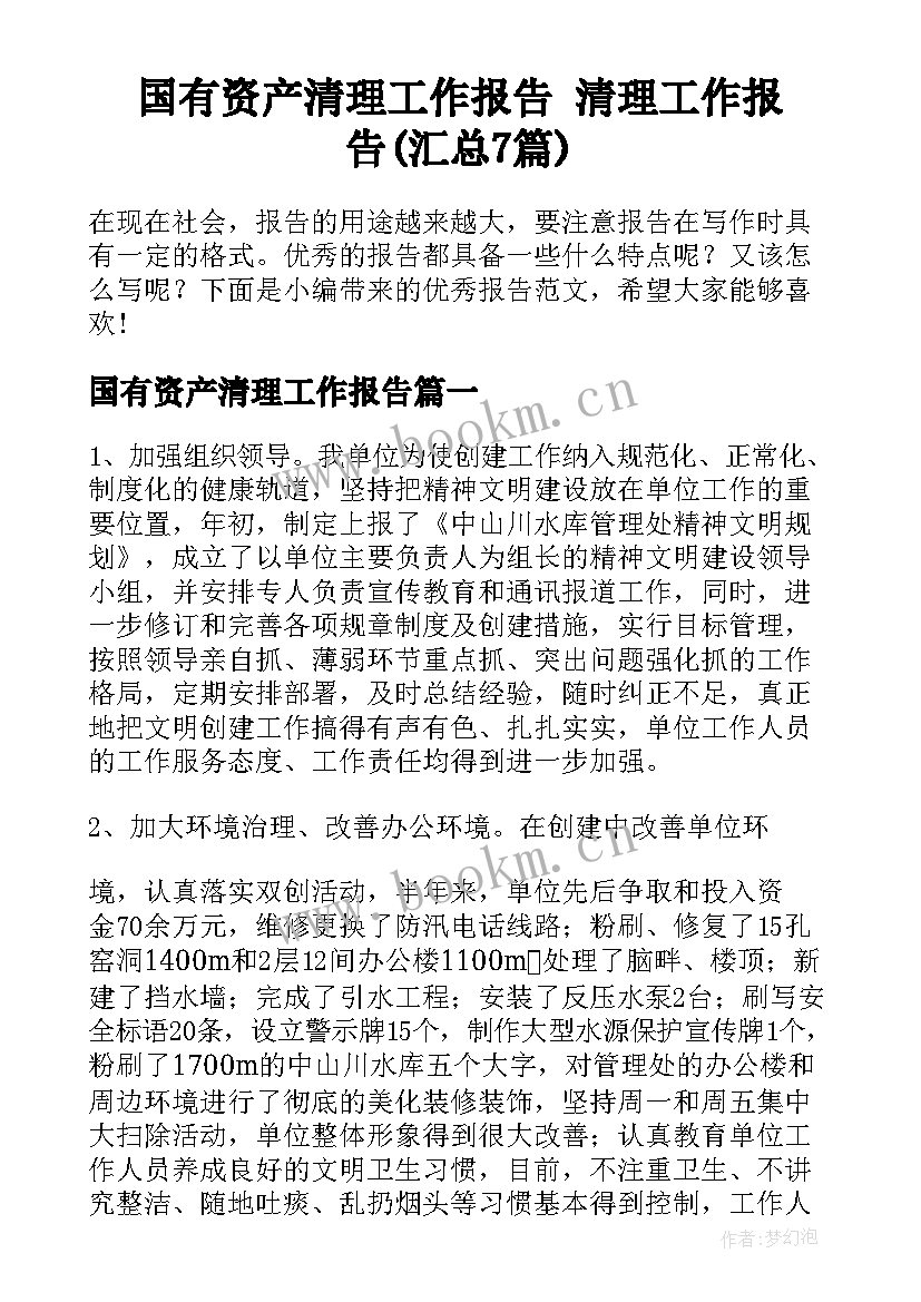 国有资产清理工作报告 清理工作报告(汇总7篇)