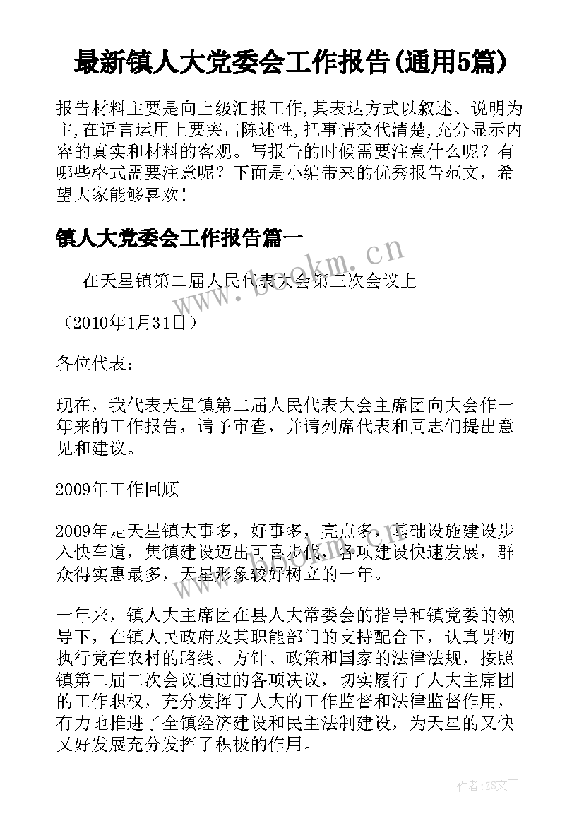 最新镇人大党委会工作报告(通用5篇)