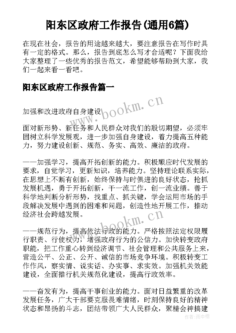 阳东区政府工作报告(通用6篇)