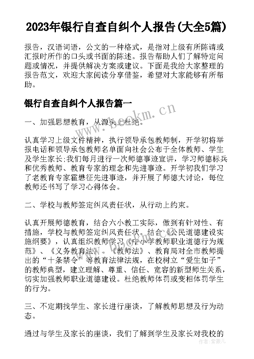 2023年银行自查自纠个人报告(大全5篇)