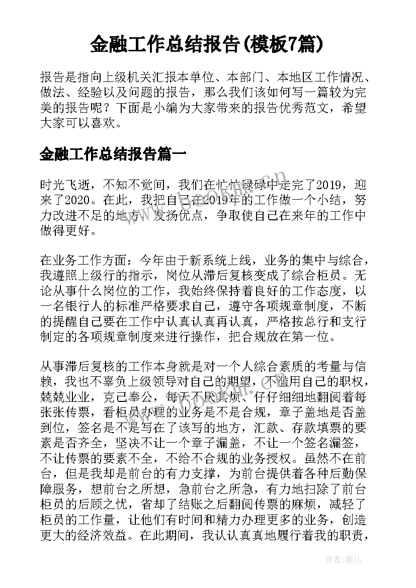 金融工作总结报告(模板7篇)