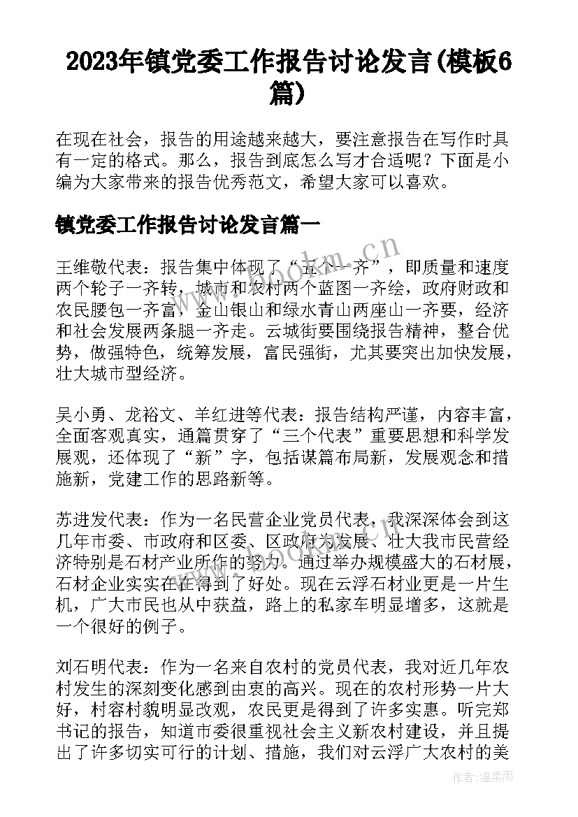 2023年镇党委工作报告讨论发言(模板6篇)