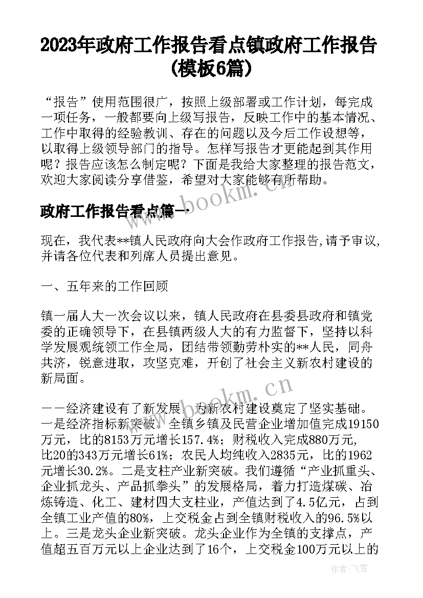 2023年政府工作报告看点 镇政府工作报告(模板6篇)