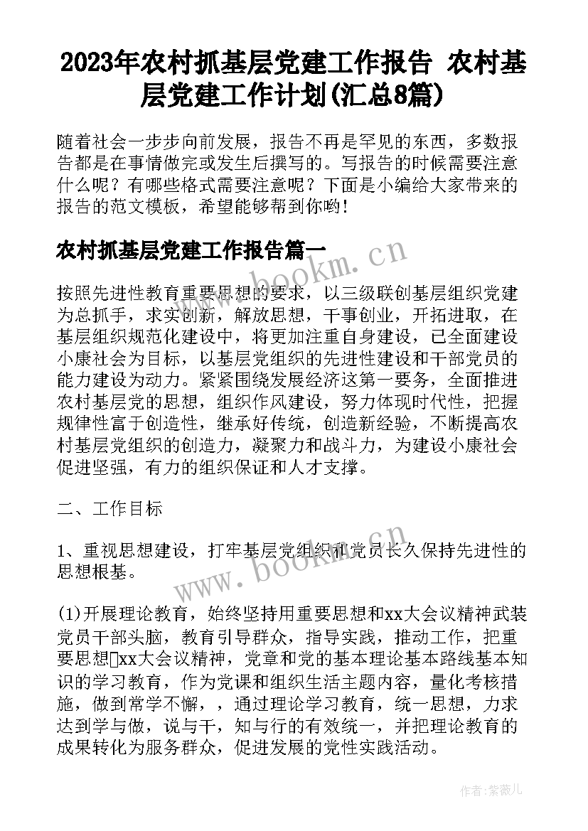 2023年农村抓基层党建工作报告 农村基层党建工作计划(汇总8篇)