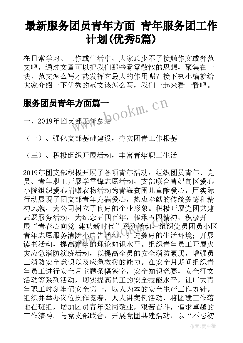 最新服务团员青年方面 青年服务团工作计划(优秀5篇)